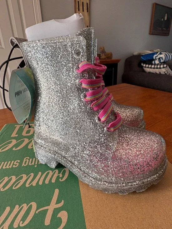 Western Chief Rain Boots Combat Toddler Size 5 Silver Glitter - Picture 4 of 7